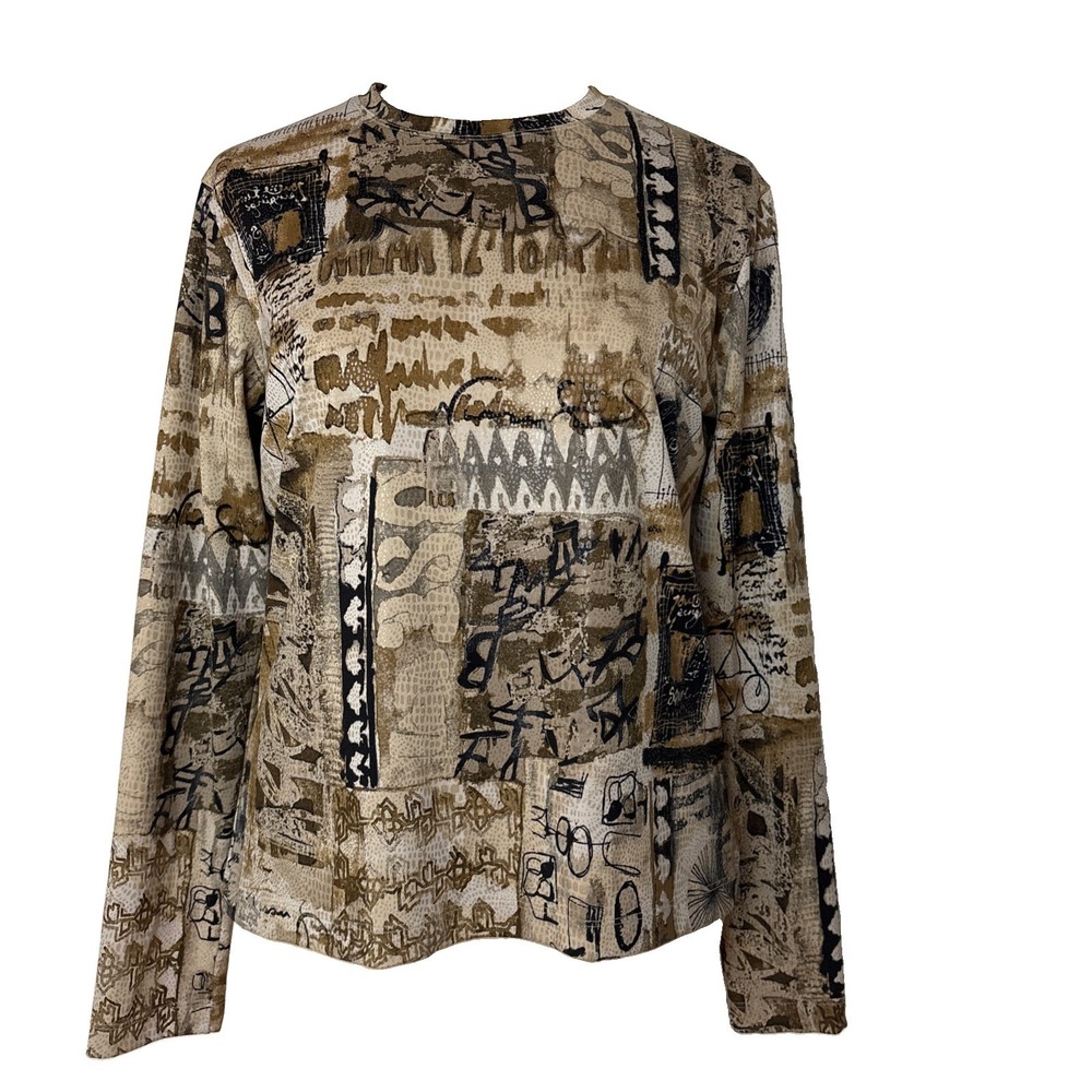 Chicos Design M Abstract Collage Print Long Sleeve Top Tan Brown Art Boho Travel